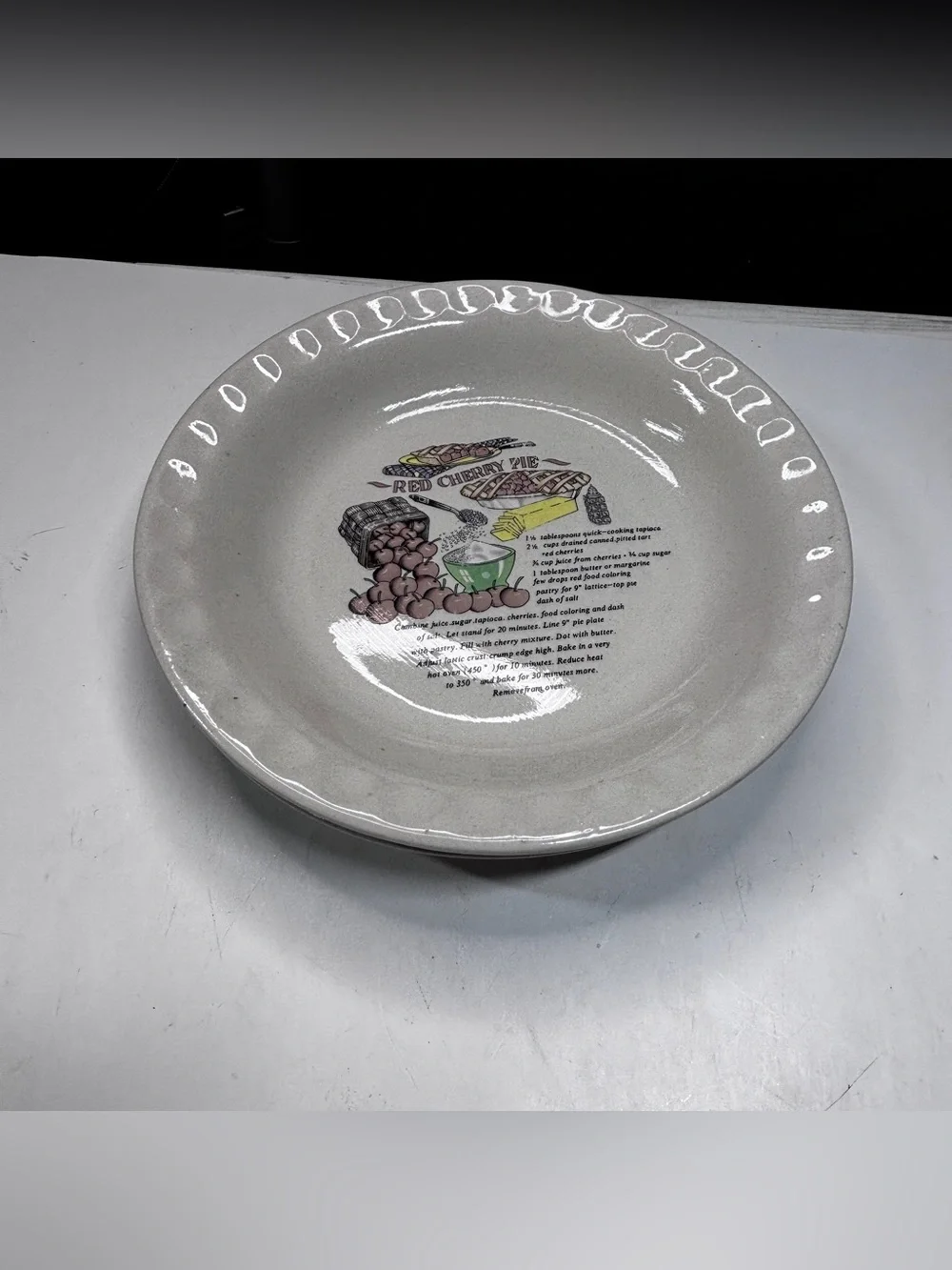 Vintage Red Cherry Pie Baking Dish Plate Recipe 10 Inch Ivory